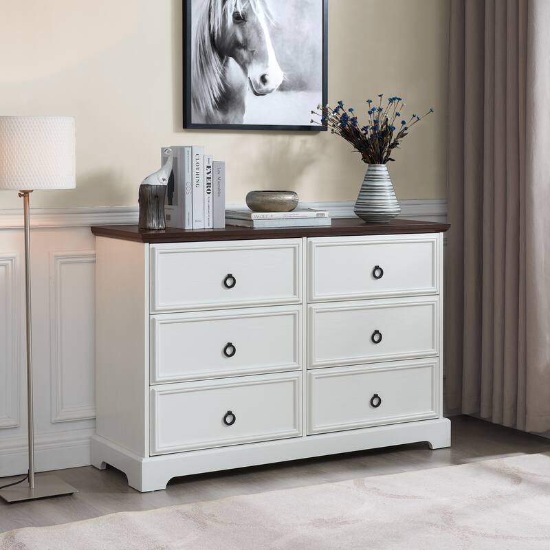 White Modern Farmhouse 6-Drawer Chest, Elegant Bedroom Dresser