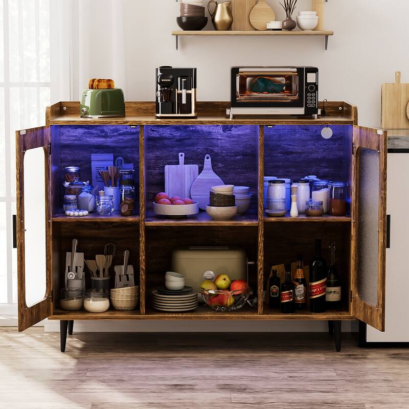 Farmhouse Rustic Accent Cabinet with LED Light USB Port, Sideboard Buffet Home Bar
