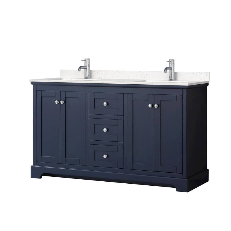 Wyndham Collection Avery 60" Free Standing Double Basin Vanity Set - Dark Blue / Carrara Cultured Marble Top / Polished
