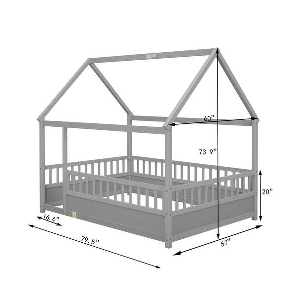 dimension image slide 1 of 2, Full House Frame Floor Bed with Fence and Roof - Safe and Fun for Kids