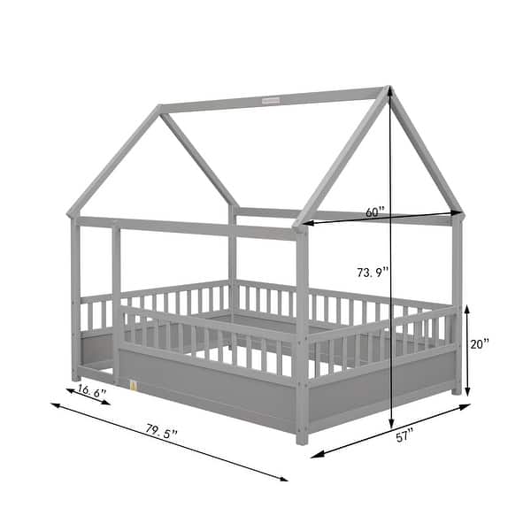 Full Size Floor Bed Wooden House-shaped Bed Frame with Fence Guardrails & Roof, Full Size Montessori Bed for Kids Boys Girls