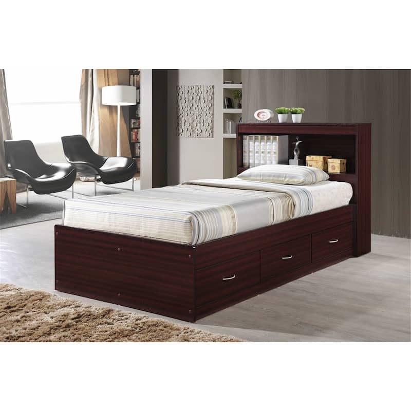 Twin Captain Storage Bed with 3 Drawers and Headboard, Mahogany Finish, Modern Space-Saving Design