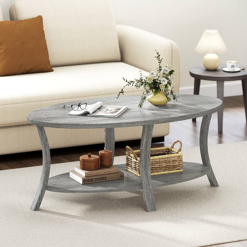 Grey Rubber Wood 2-Tier Coffee Table with Storage Shelf - 44” x 24” x 18.5”