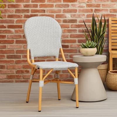 Outdoor Bistro Chair Set of 2, Gray Faux Rattan, Natural Brown Metal