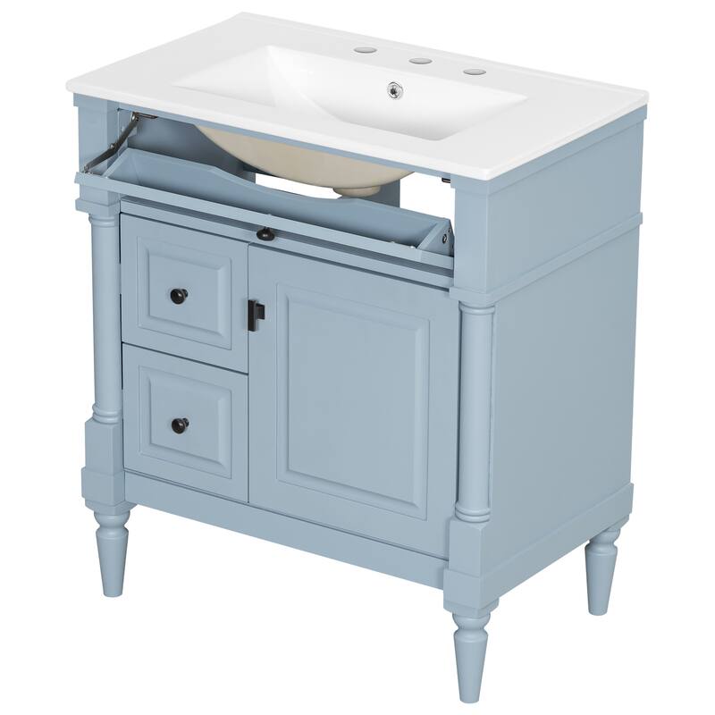 Roomfitters 30" Bathroom Vanity with Sink, Solid Wood Frame, Flip Drawer, 2 Drawers & Door Rack