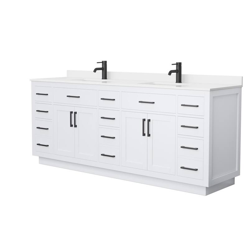 Beckett TK 84-inch Double Vanity, Single Hole Quartz Top - White, Black Trim, White Quartz Top