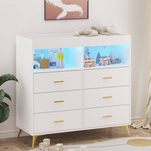 slide 2 of 7, 6 Drawer Dresser with LED Lights and Built-in Power Outlet, Wide Chest of Drawers with 2 Open Storage Shelves