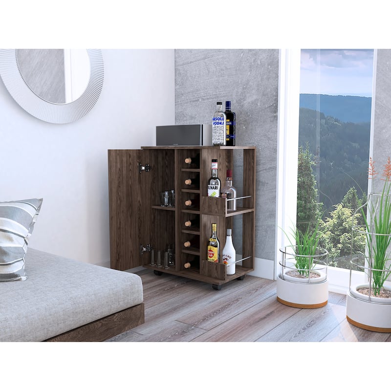 Bar Cart, Two External Shelves, Four Casters, Six Built-in Wine Rack, Single Door Cabinet -Dark Walnut