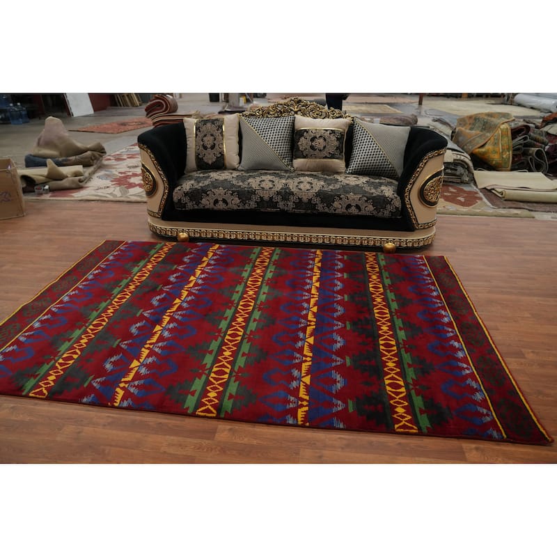 Hand-knotted Tribal Wool Red Geometric Oriental Area Rug - 9' 4'' X 5' 10''