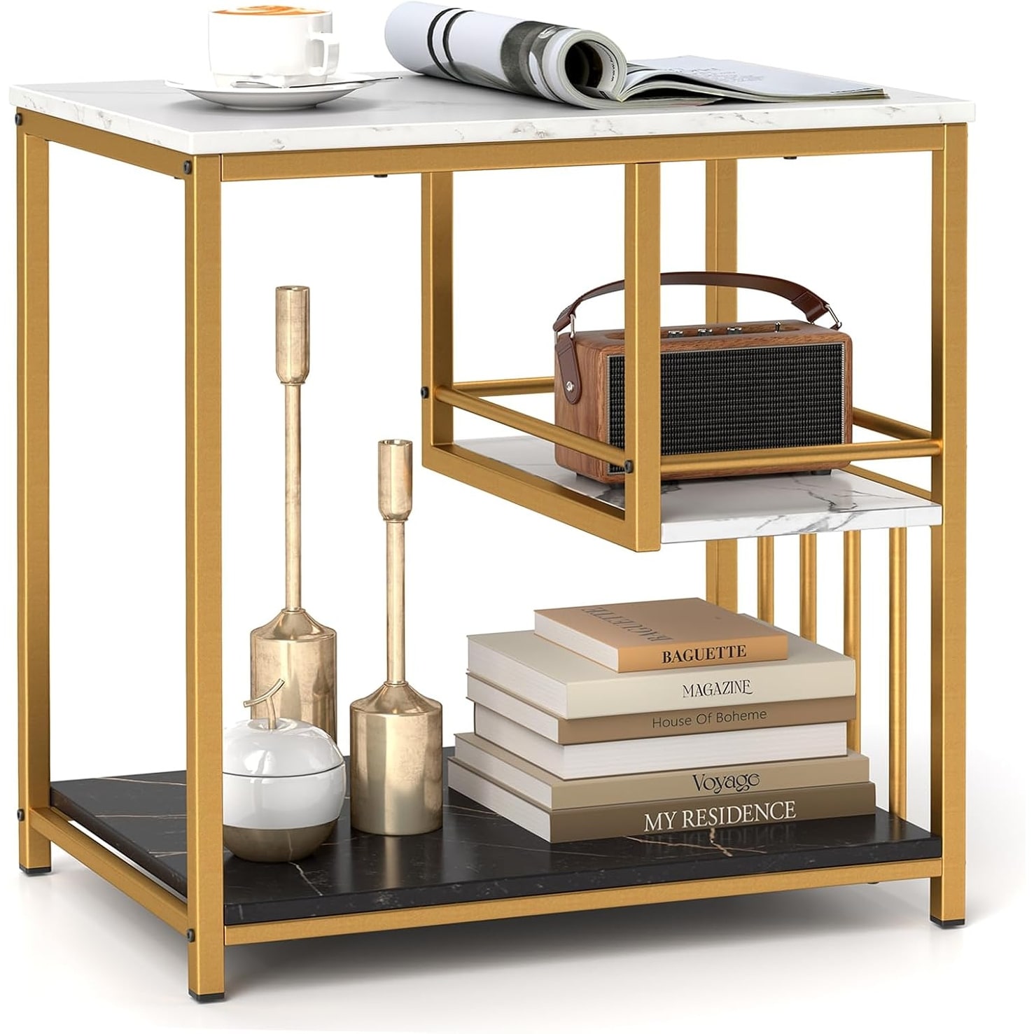 3-Tier Side Table with Storage, Marble & Golden Finish, Polished Steel Frame, Easy Assembly