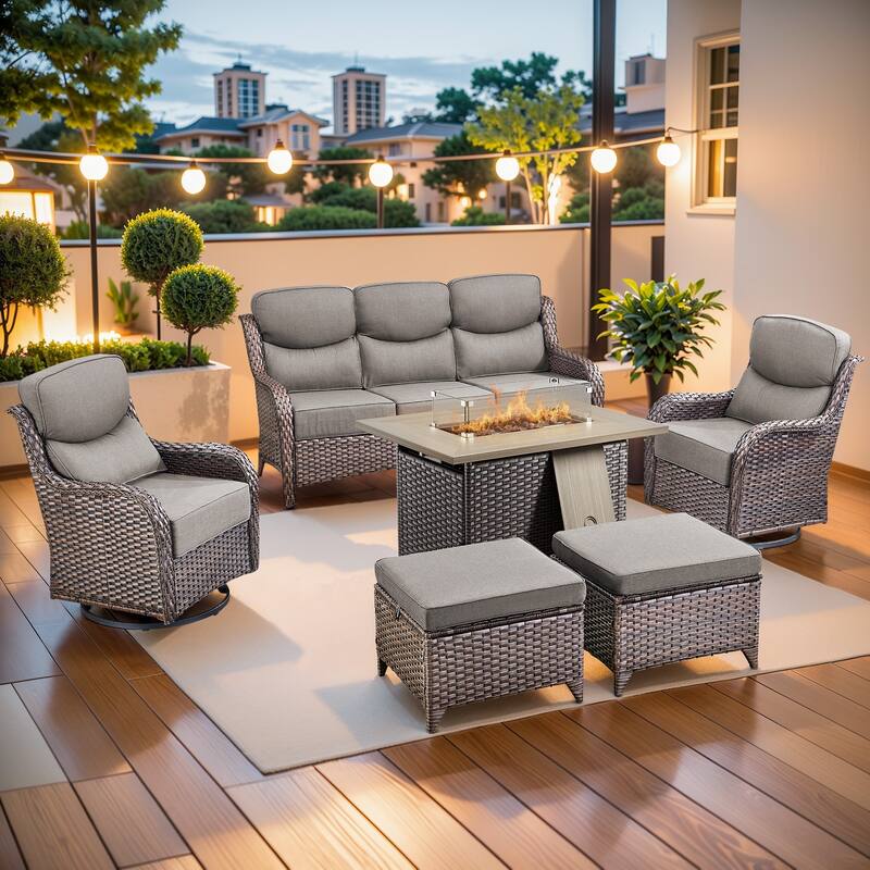 Pocassy 6 Pieces Outdoor 6 Inch Sofa Swivel Chair Ottoman with Fire Table - Gray cushion - Brown Wicker