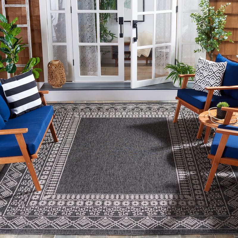 SAFAVIEH Courtyard Lucylla Indoor/ Outdoor Waterproof Patio Backyard Rug - 8' x 11' - Black/Beige