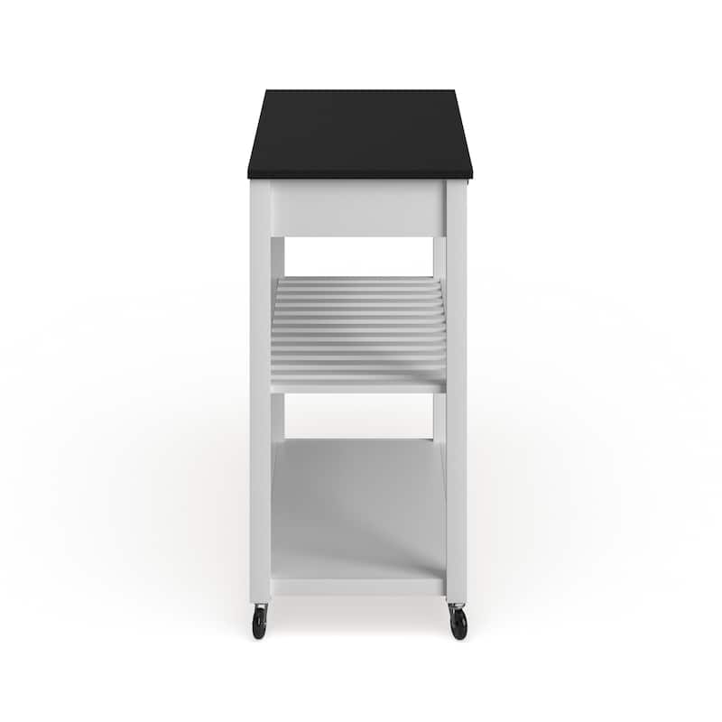 Crosley Solid Black Granite Top Kitchen Cart/ Island With Optional Stool Storage in White Finish - 17"d x 43"w x 35"h