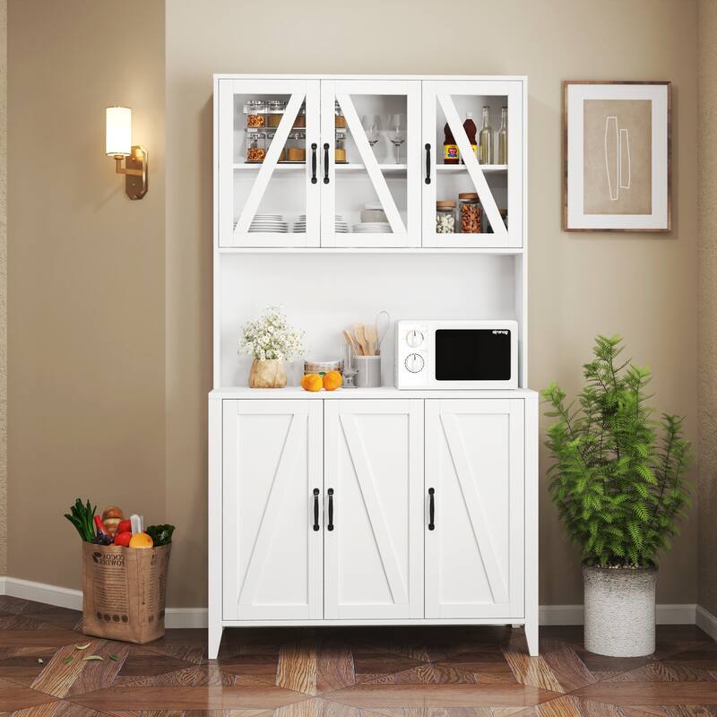 Large Kitchen Pantry Storage Cabinet with Glass Doors and Drawer, Wood Buffet Cupboard with Open Countertop