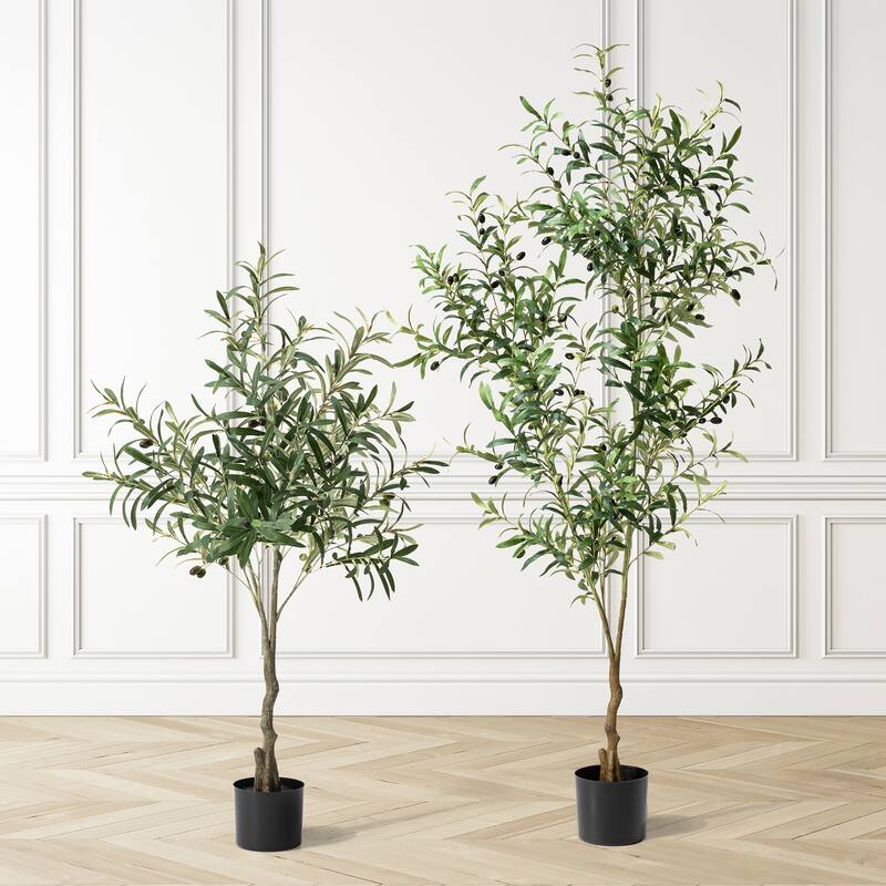 Glitzhome Real Touch Olive Artificial Tree With Black Pot - Set of 2