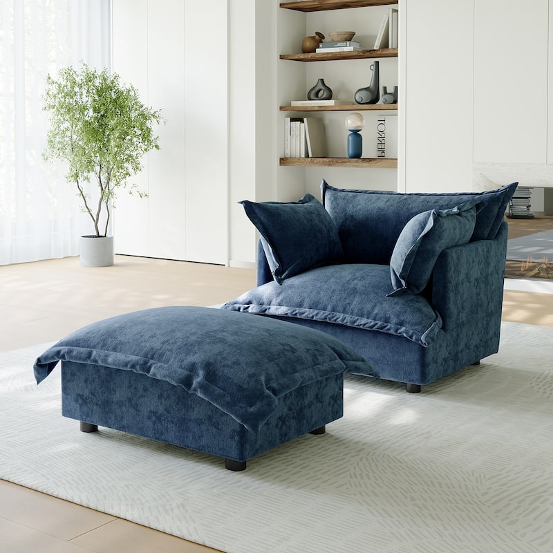 39"W Oversized Chenille Comfy Cloud Chaise Lounge with Ottoman - Navy
