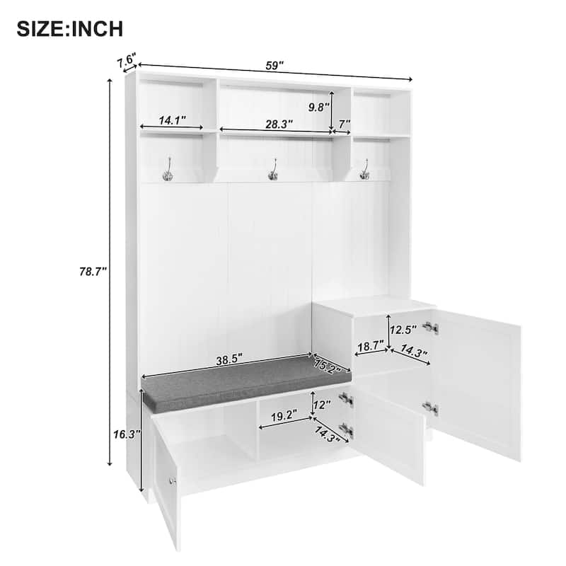 Modern Hall Tree with Padded Bench, 3 Cabinets, 3 Hooks, Shelves, Entryway Coat Rack & Shoe Storage, 59" Wide