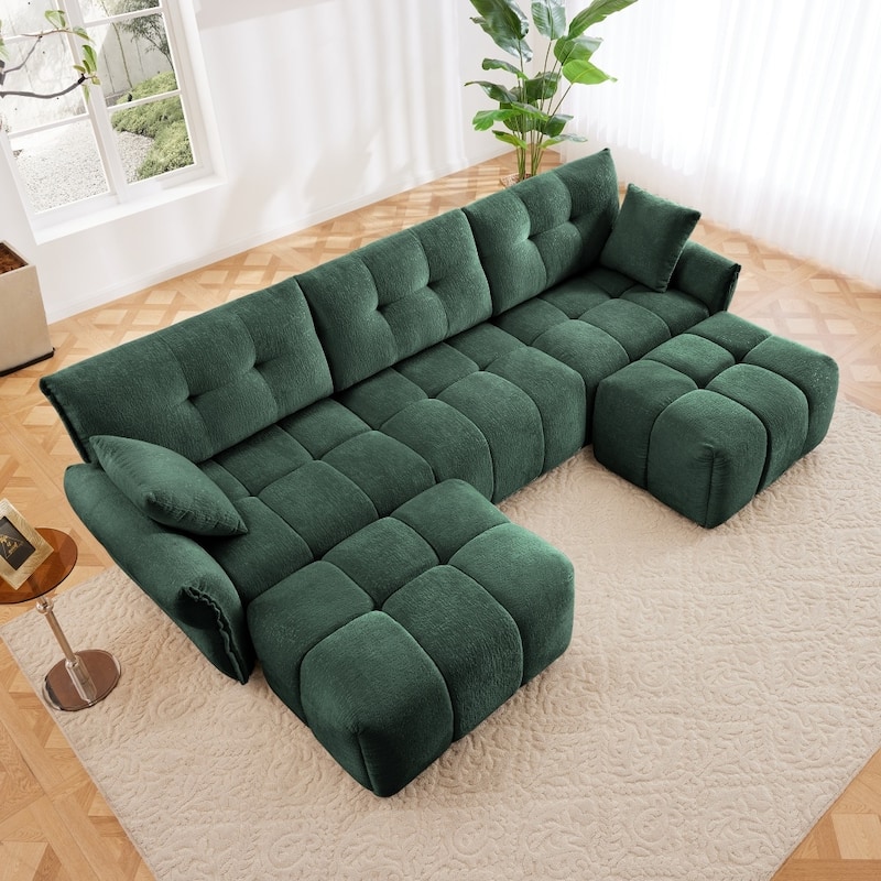 Modular Wood Frame 3-seater Sectional Sofa Set with Ottomans and Throw Pillows