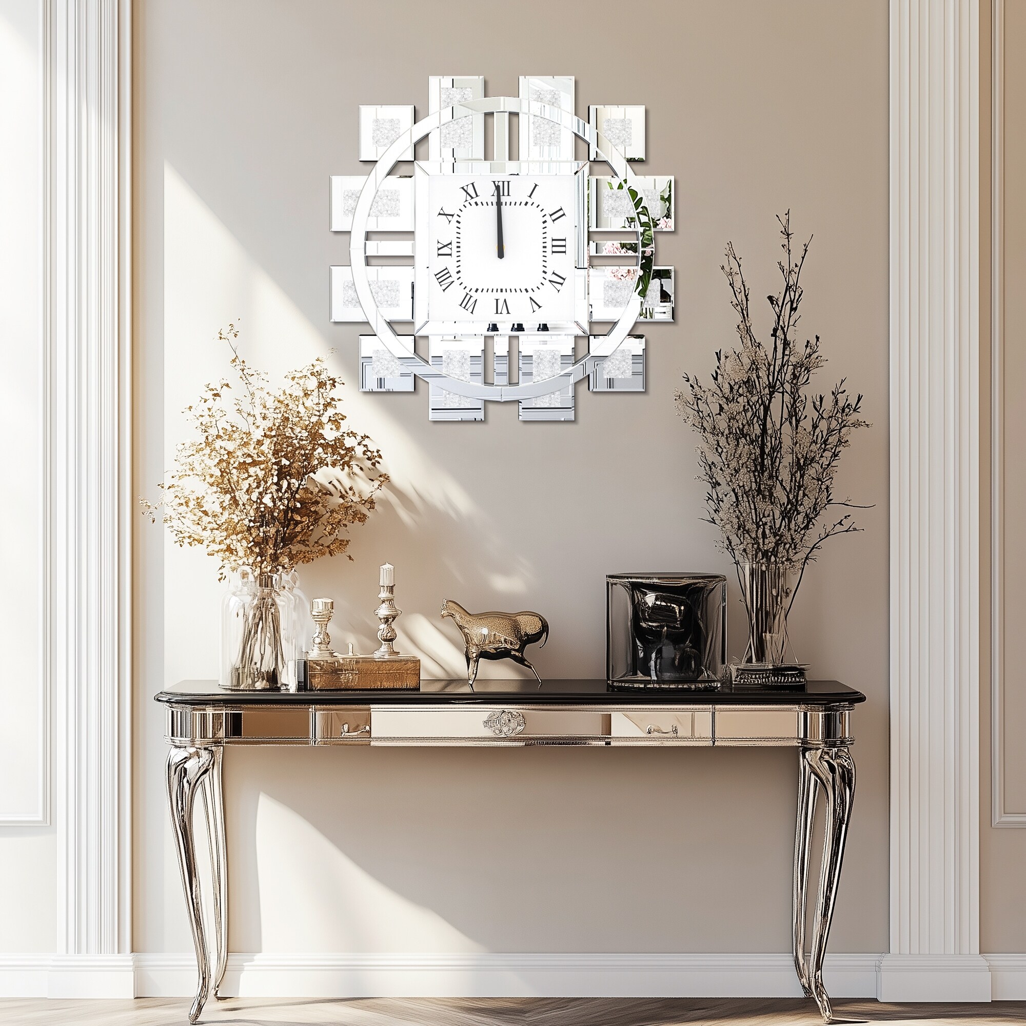 Large Wall Clock Crystal Twinkle Crush Diamond Mirrored 