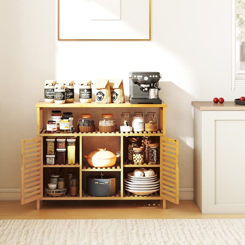 39.5" Natural Wicker Storage Cabinet with Open and Closed Shelves and Doors for Towels and Toiletries - 39.5" x 14" x 31.5"