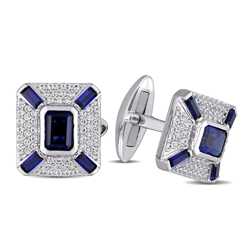 Miadora Sterling Silver 5 1/4ct TGW Created Blue and White Sapphire Geomteric Halo Cluster Cufflinks