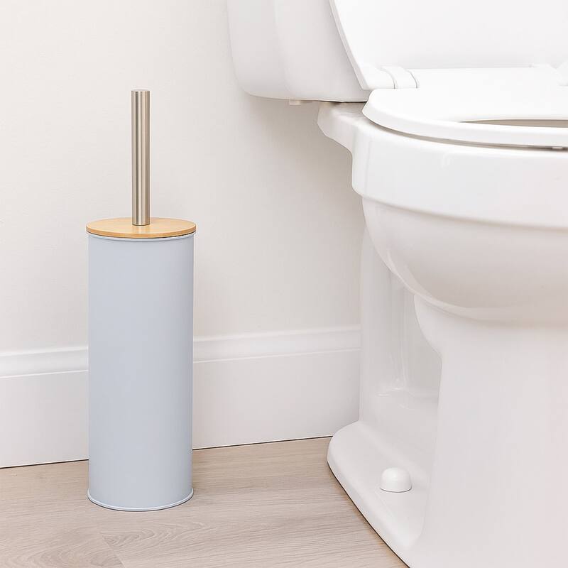 Metal Toilet Brush and Holder Set With Bamboo Lid - Light Blue