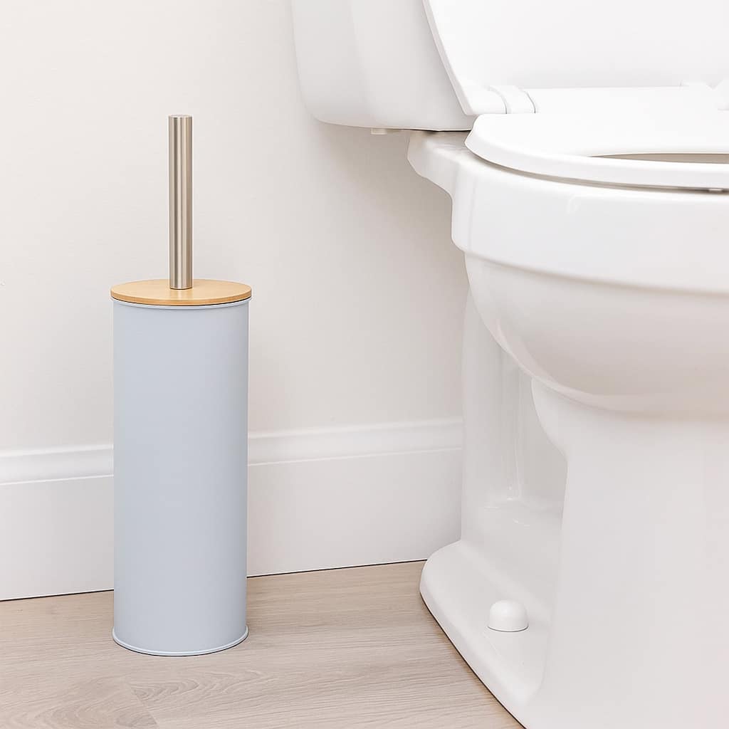 Metal Toilet Brush and Holder Set With Bamboo Lid