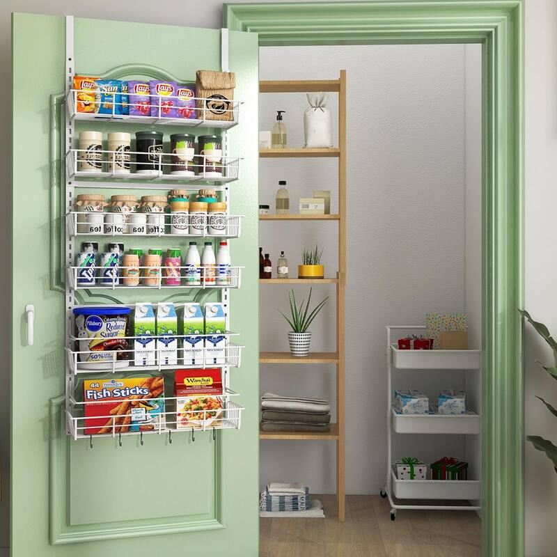 Over The Door Pantry Organizer,Wall Mount Spice Rack, Pantry Hanging Storage ,6 Adjustable Baskets Heavy-Duty Metal,