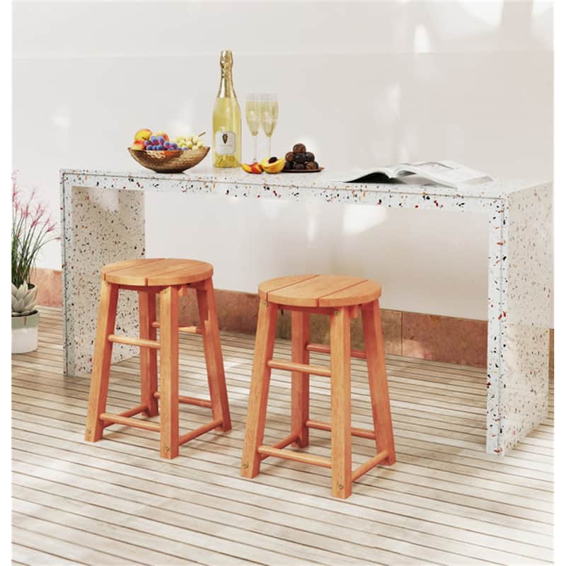 18-Inch Set of 2 Natural Eucalyptus Wood Bar Stools for Outdoor Seating for Balcony - 11.5" x 11.5" x 18" (L x W x H)