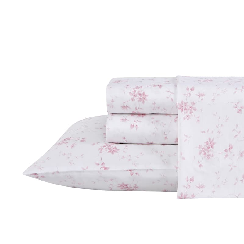 Laura Ashley Soft & Silky Sateen Printed Cotton Sheet Set - Queen - Garden Muse Pink