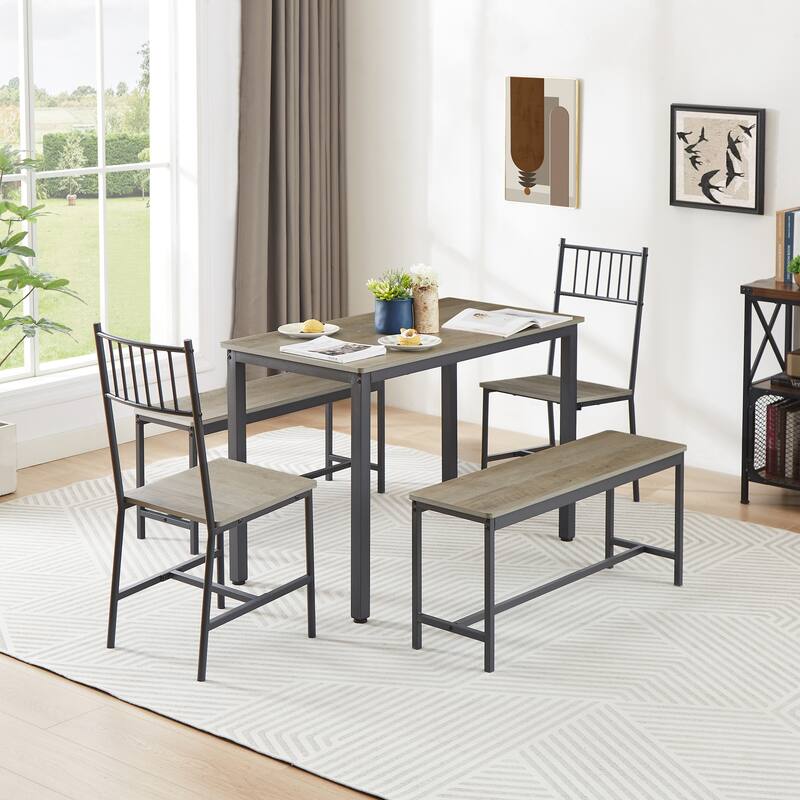 Industrial 5-piece Dining Table Set with 2 Benches 2 Back Chairs