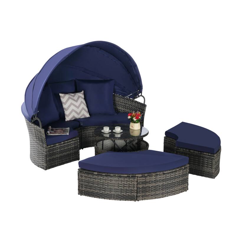 Outdoor Round Daybed with Retractable Canopy, Cushions, Table,Set of 5