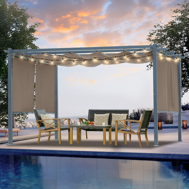 Aoodor 13 x 10 FT Outdoor Pergola with Retractable Shade Canopy, 4 Pieces Roller Shade Curtain