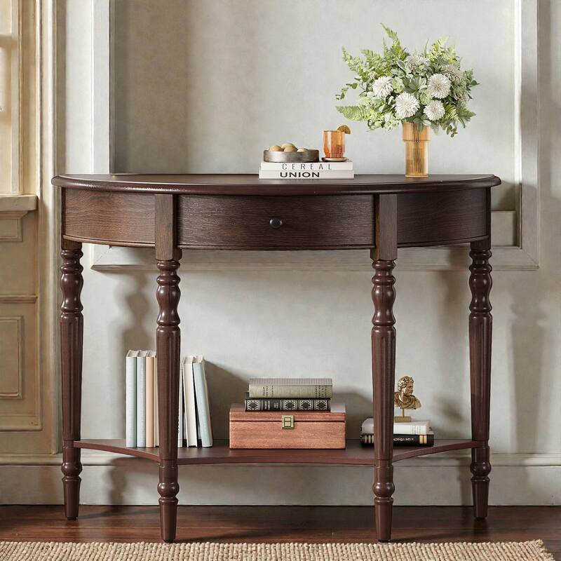 Farmhouse Half Moon Console Table with Drawer and Shelf, Rustic Solid Wood Entryway Sofa Table - Espresso
