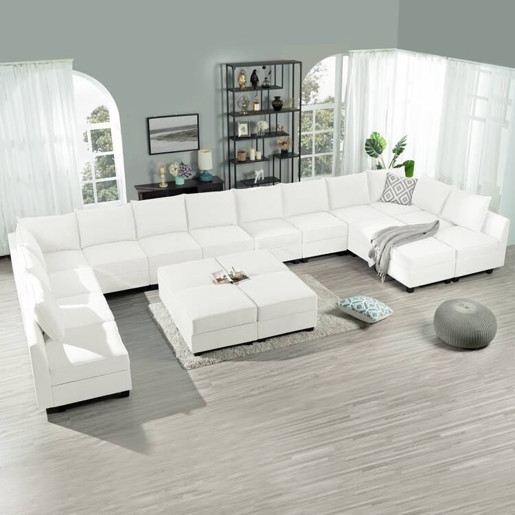 Modern Modular DIY Collection - Sturdy Wooden Frame - Versatile & Stylish Furniture for Living Room Bedroom - 13-Seater with 6 Ottoman,White Down,Linen