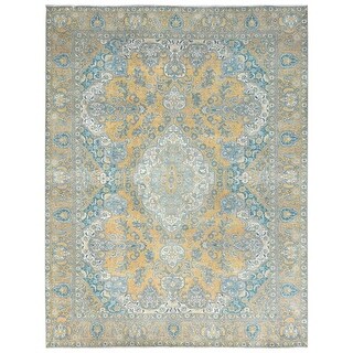 Shahbanu Rugs Yellow Semi Antique Persian Tabriz Worn Wool Sheared Low ...
