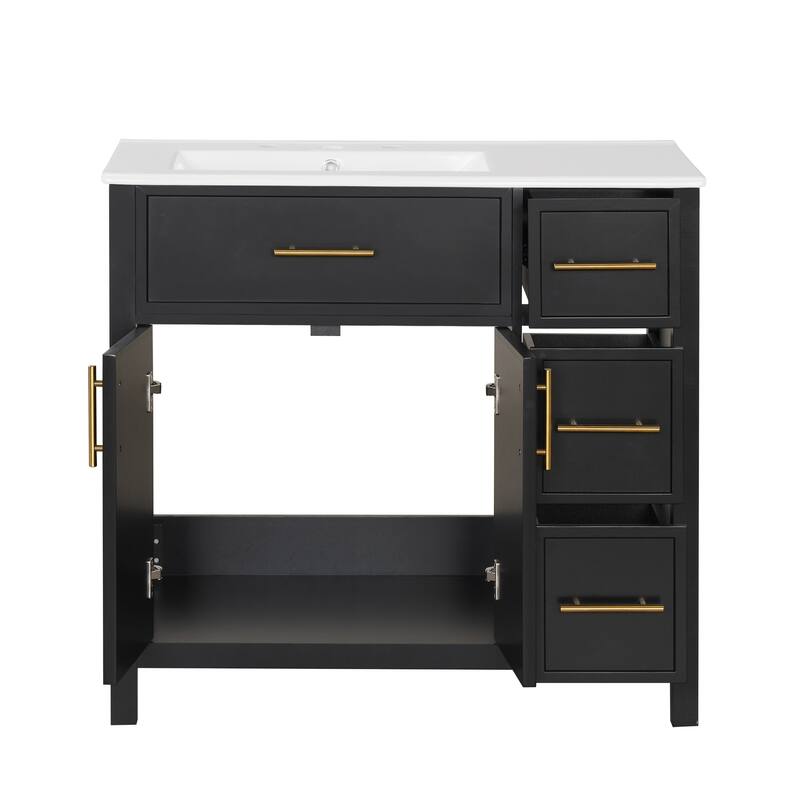 Roomfitters 36" Bathroom Vanity with Sink, Left-Side Basin, Solid Wood Frame, 2 Doors & 3 Drawers