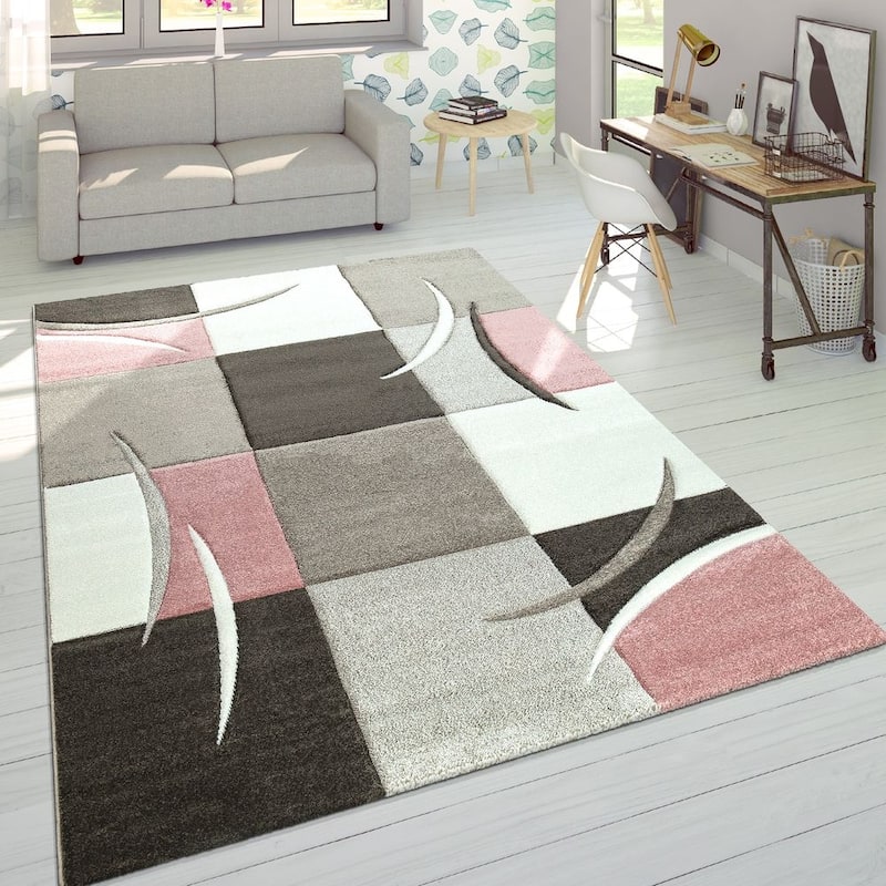 Modern Living Room Rug Checkered in pink white grey - 5'3" x 7'7"