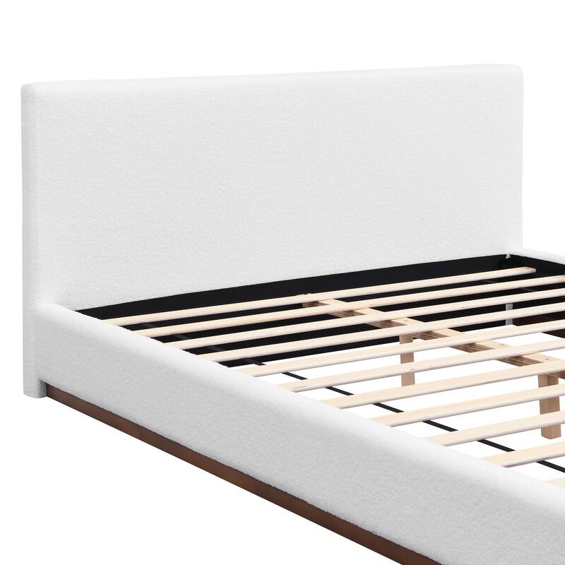 Elegant White Fabric Upholstered Bed With Nice Wood Grain Textured Solid Wood Base Frame,White,Queen