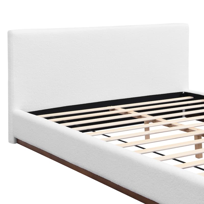 Queen Upholstered Platform Bed, White Fabric Low Profile Bed Frame