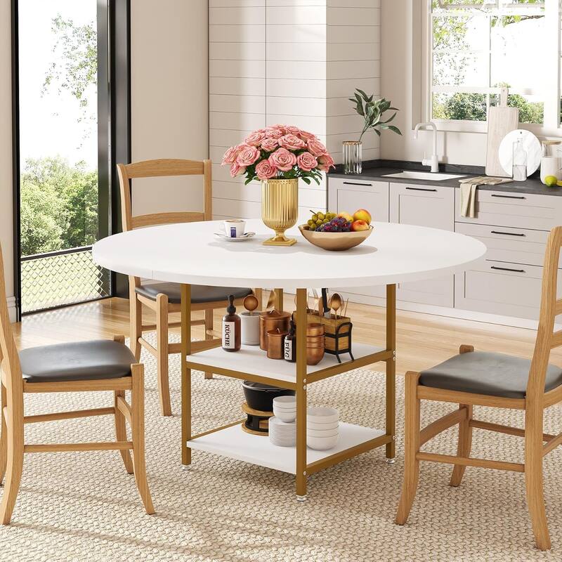 47-Inch Round Wood Dining Table for 4 With Storage Shelf Large Kitchen Table for Home Dining/Living Room