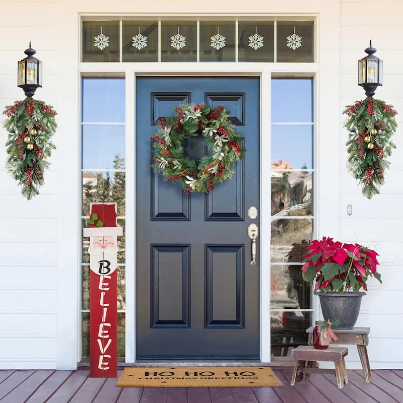 Glitzhome Christmas Berry Pinecone & Bell Teardrop Wreath Door Hanging Decor