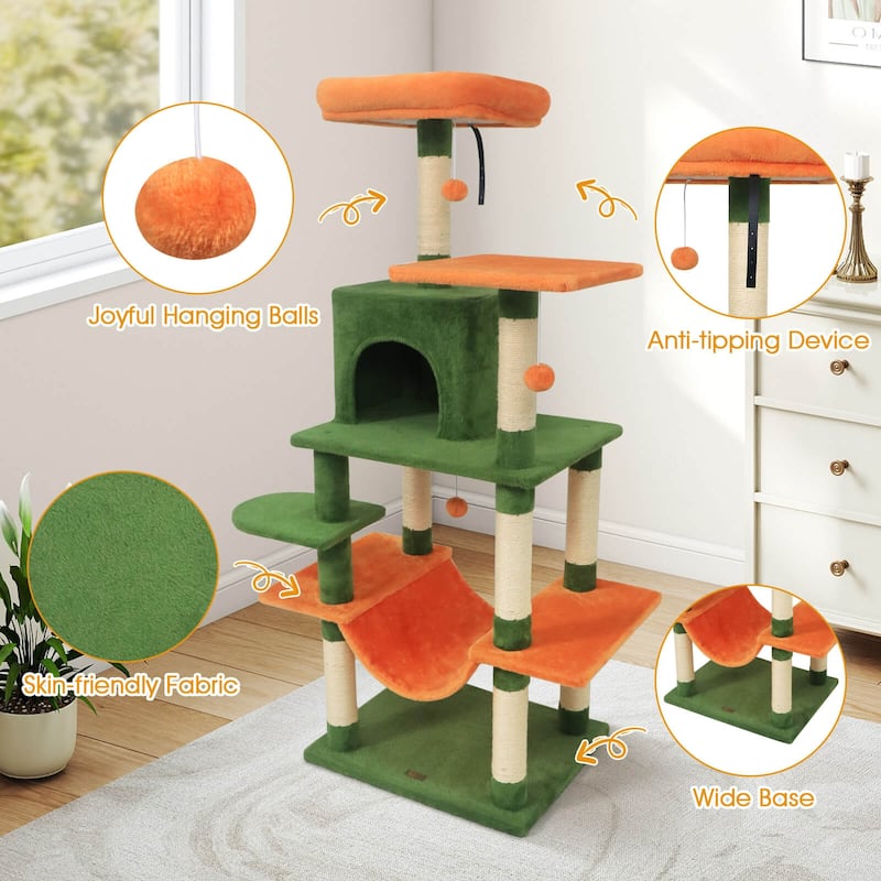 Costway 58” Tall Multi-level Cat Tree with Upholstered Perch & Cat - See Details
