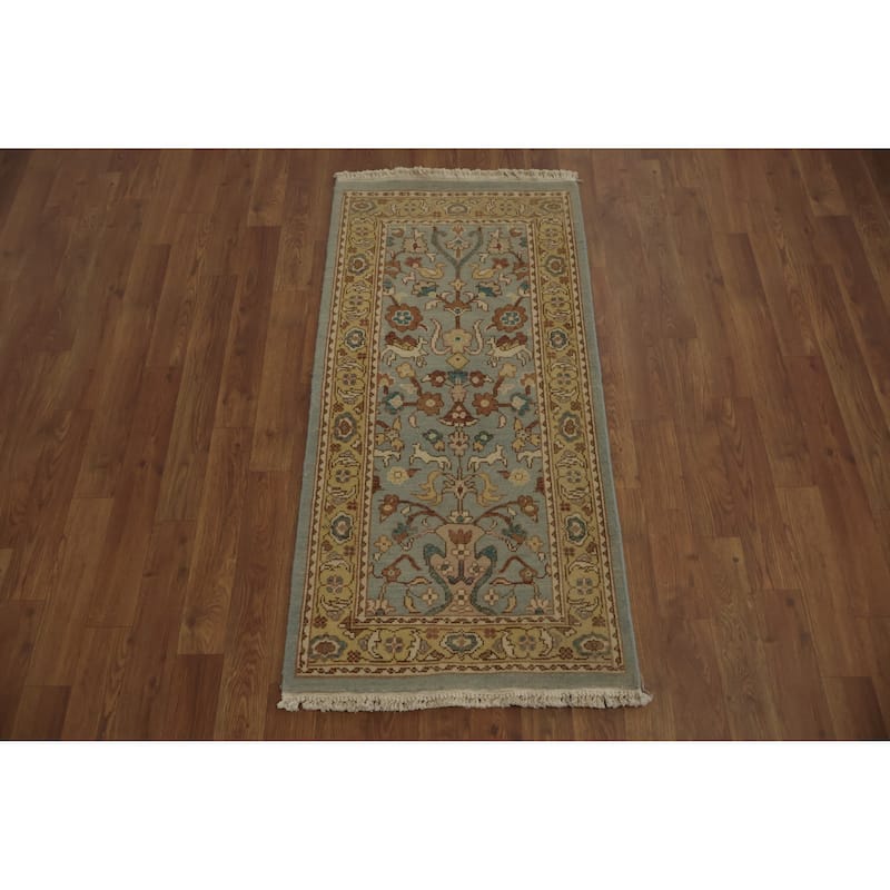 Hand Knotted Oriental 100% Wool Carpet Traditional Floral Navy Blue & Blues Ziegler Area Rug - 4' 0'' X 1' 11''