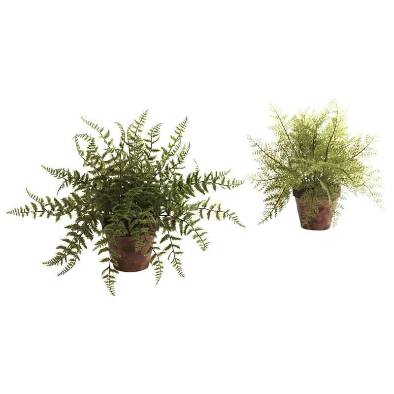 Decorative Fern Plant Set - 2 Baroque Faux Plants in Planters - Home Office Decor - 1ft.