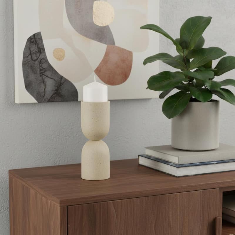9" Beige Metal Tabletop Pillar Candle Holder - Beige