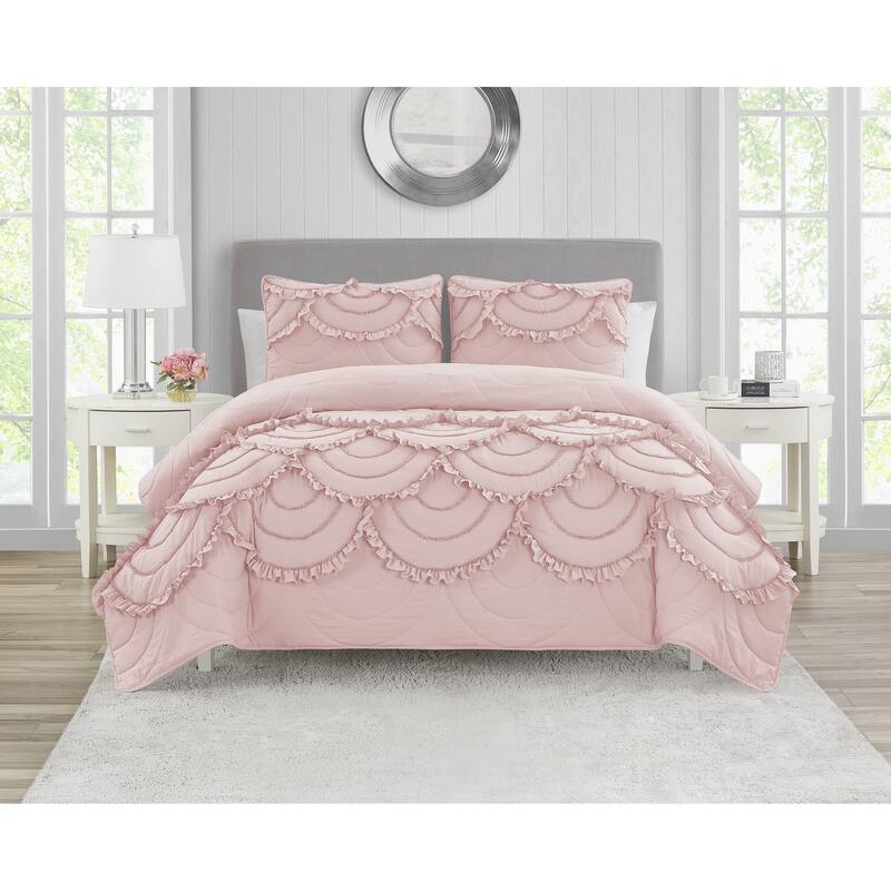DESIGN STUDIO Scallop Ruffle Garment Washed Soft Solid Quilt Set - Blush Pink - Twin