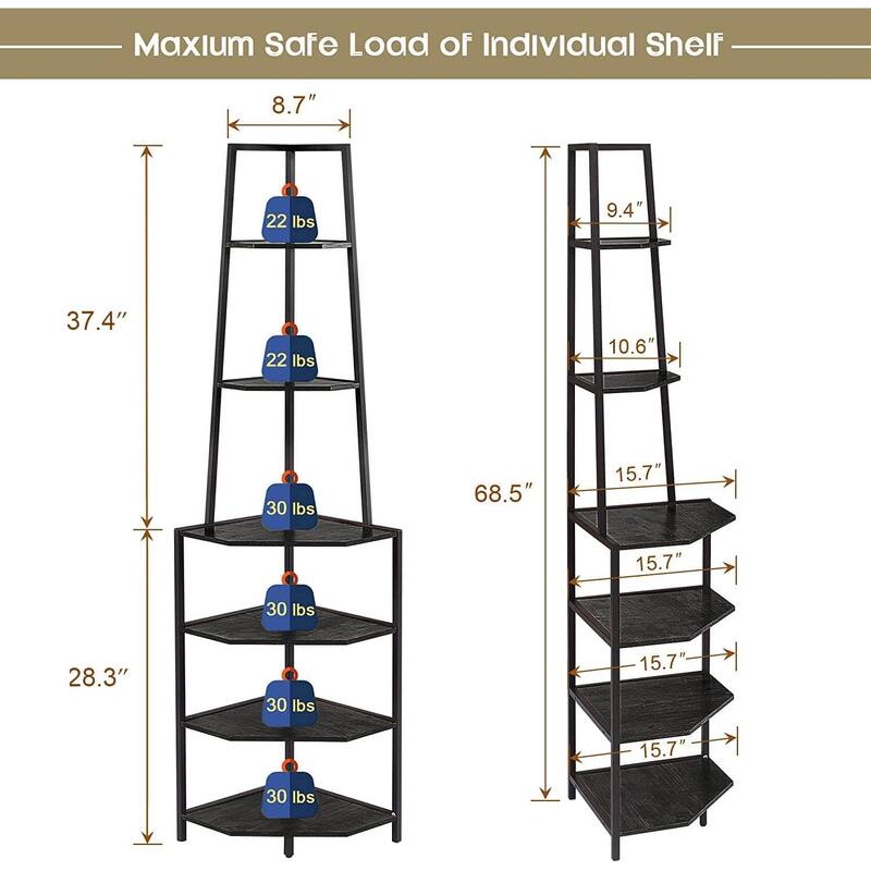 VECELO 6-Tier Corner Bookshelf 68.5" Open Shelves Space-Saving Multifunctional Storage for Living Room Kitchen Balcony