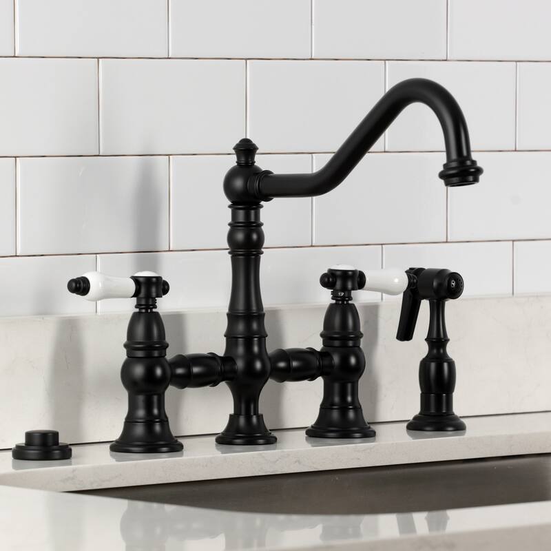 Kingston Brass Bel-Air Two-Handle 4-Hole Deck Mount Bridge Kitchen Faucet with Brass Side Sprayer