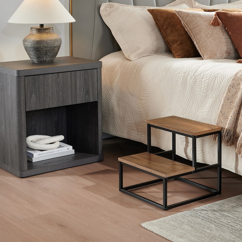 Axel Walnut Wood and Metal 2-Step Modern Industrial Step Stool - Brown